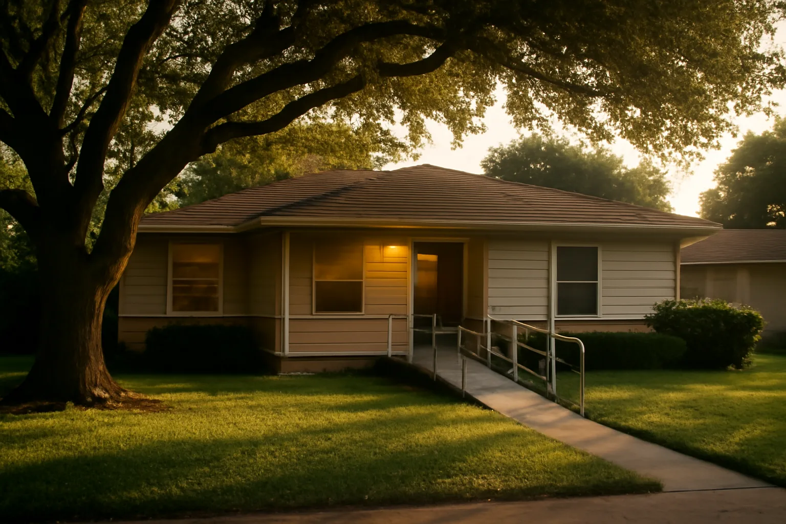 Single-story Texas group home with wheelchair ramp at golden hour