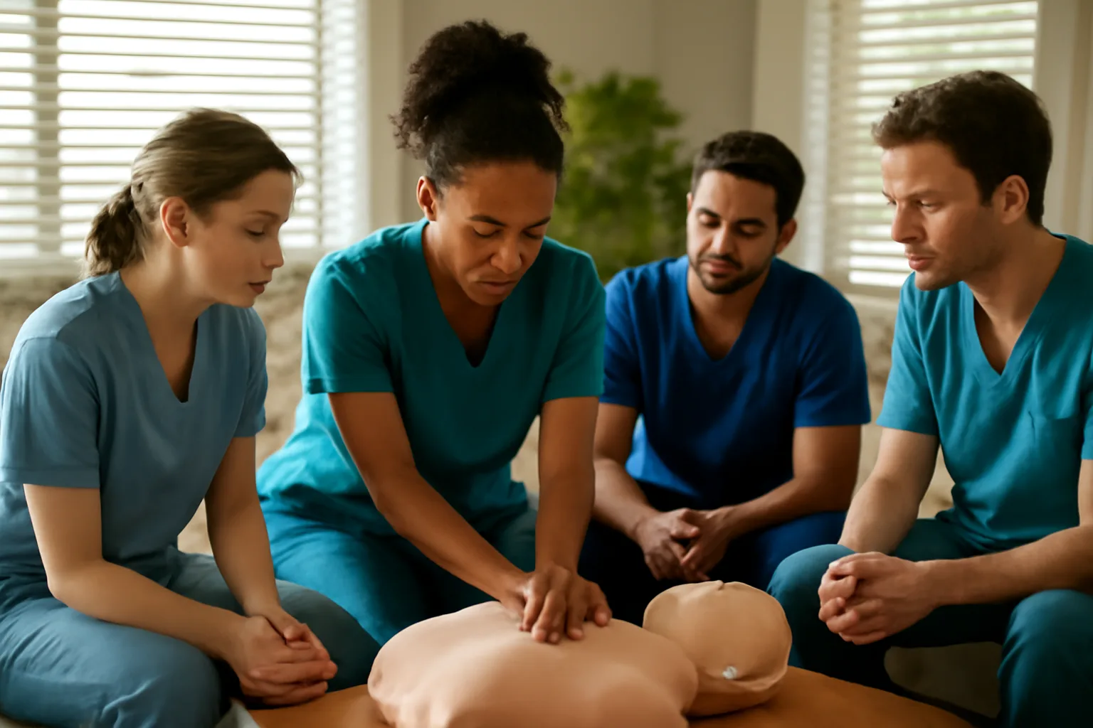 Caregivers practicing hands-on first aid training in a group home living room