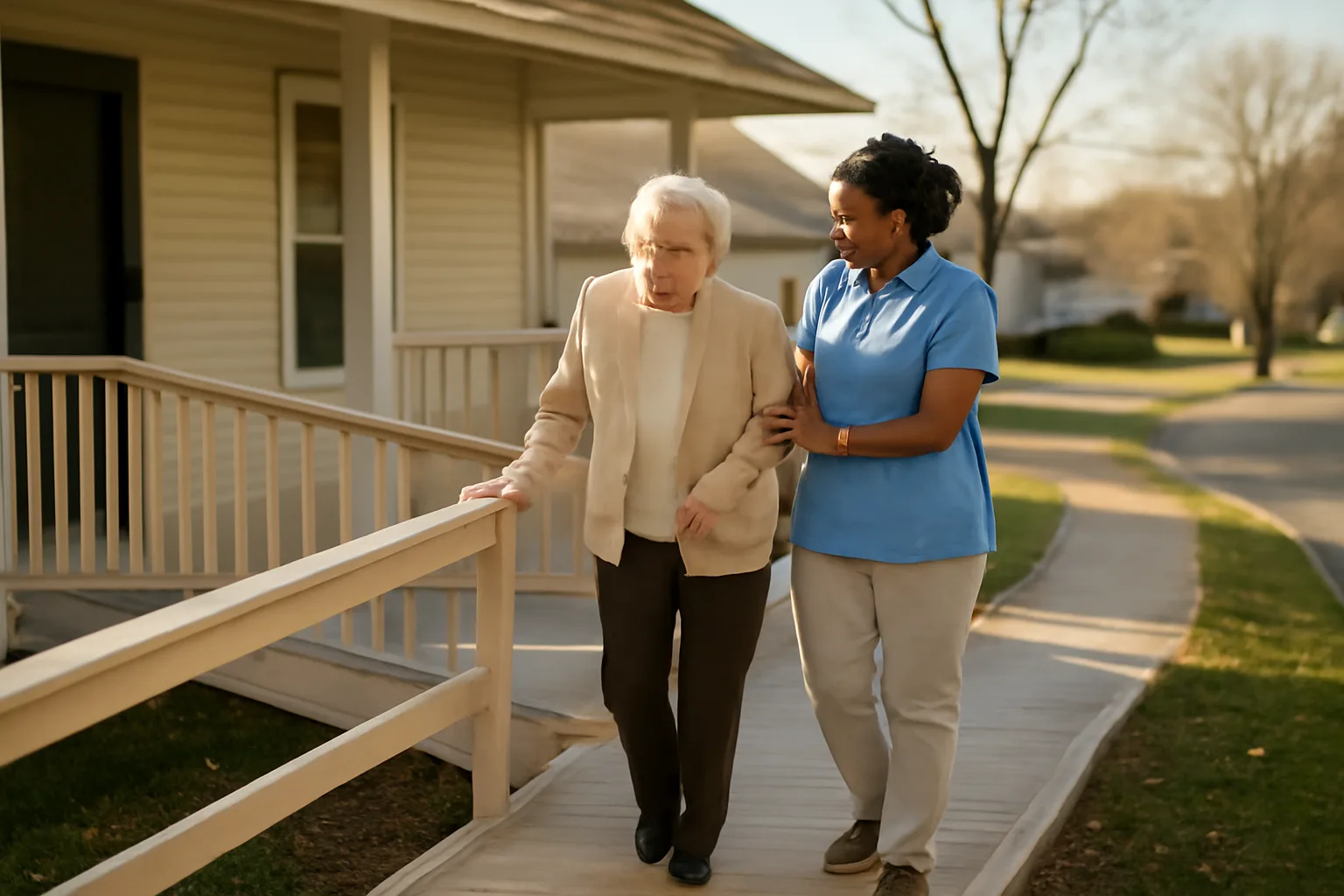 Caregiver assisting older adult down ramp outside a Virginia group home