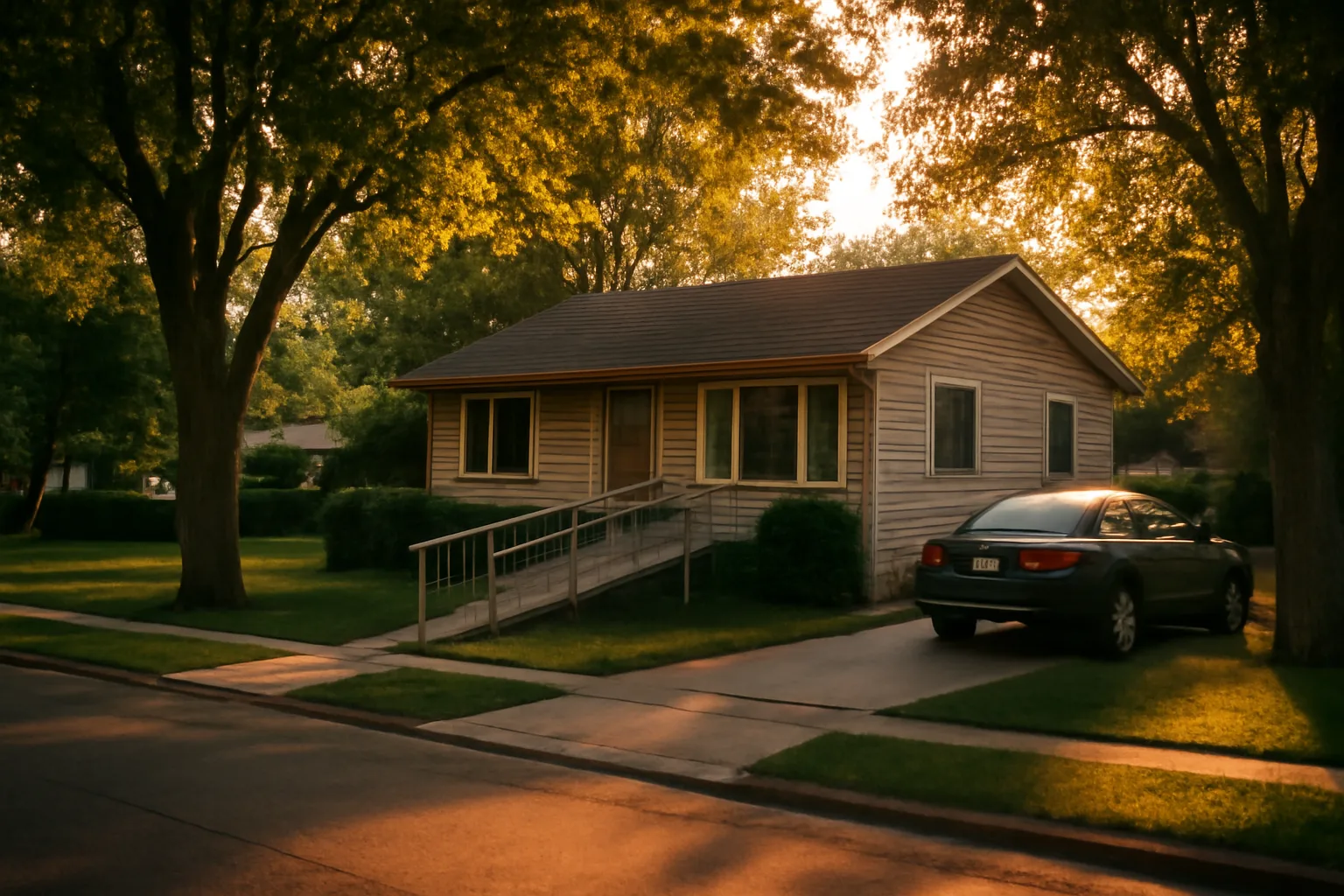 Residential street showing a house with a wheelchair ramp relevant to group home zoning