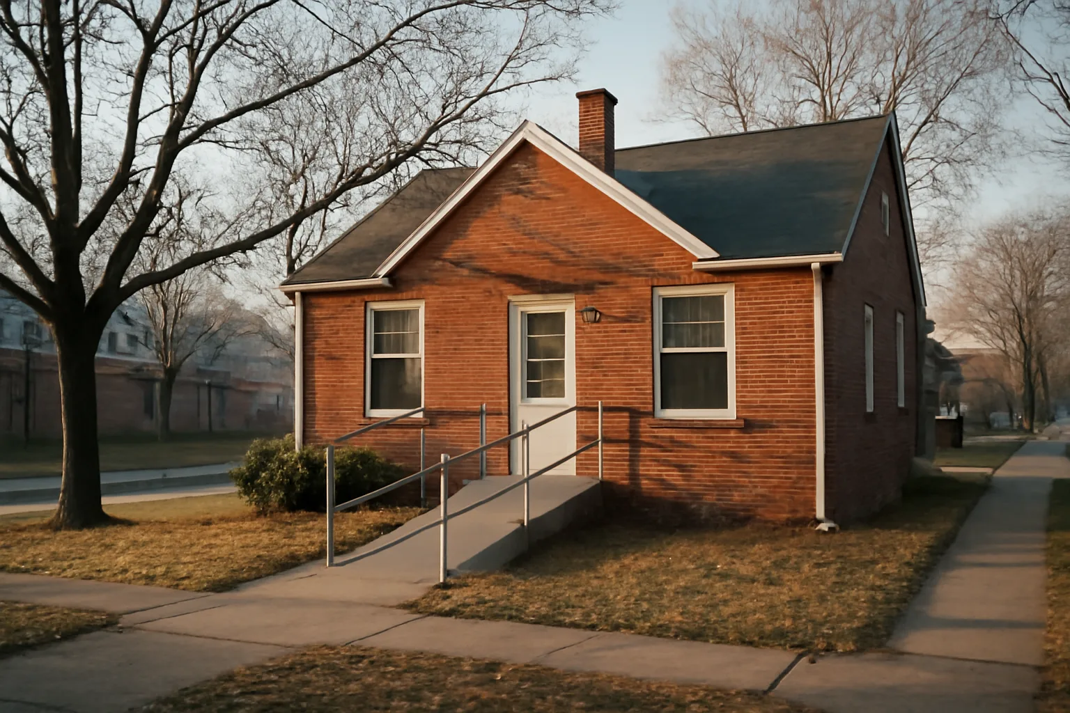 Brick residential group home exterior on a quiet Cleveland, Ohio street