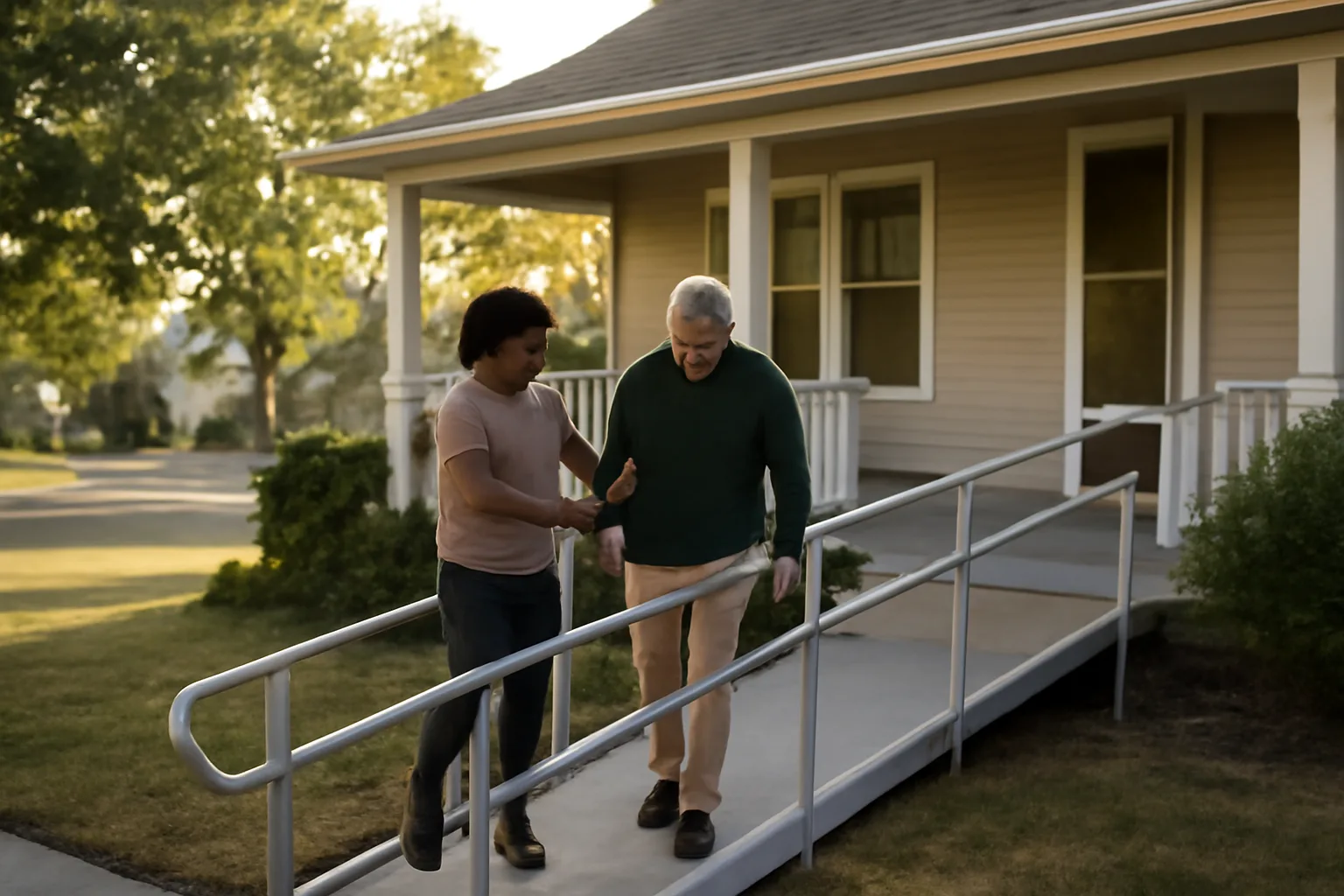 Support worker helping a resident down a ramp outside a group home for intellectually disabled adults