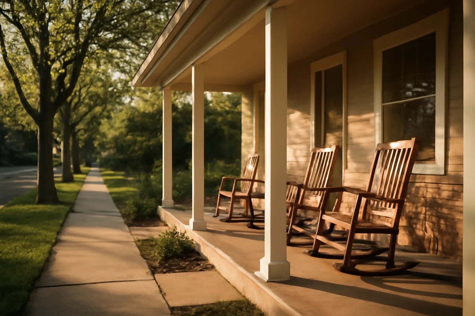 Front porch of a Colorado residential group home in a quiet neighborhood