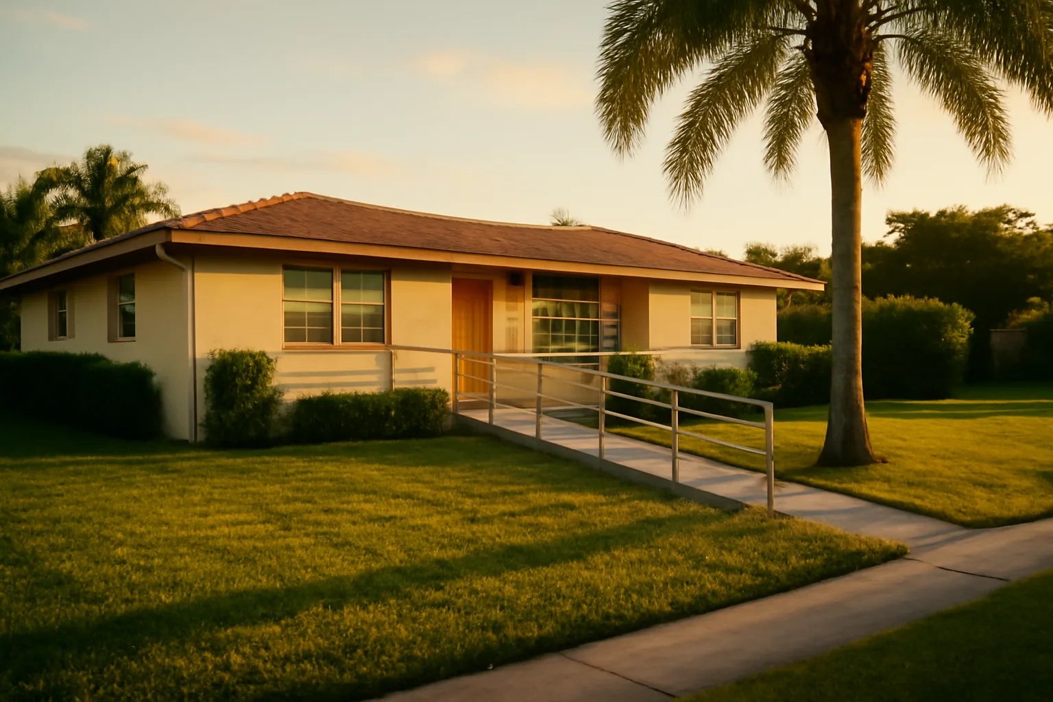 Florida group home exterior with wheelchair ramp and palm tree at sunset