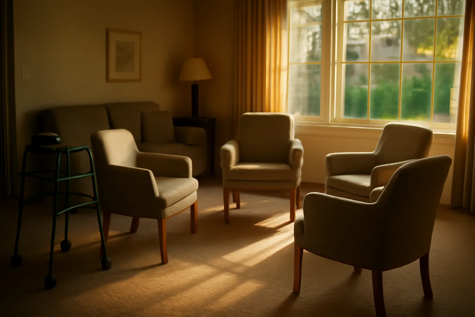 Sunlit living room in an Ohio group home with chairs arranged for residents