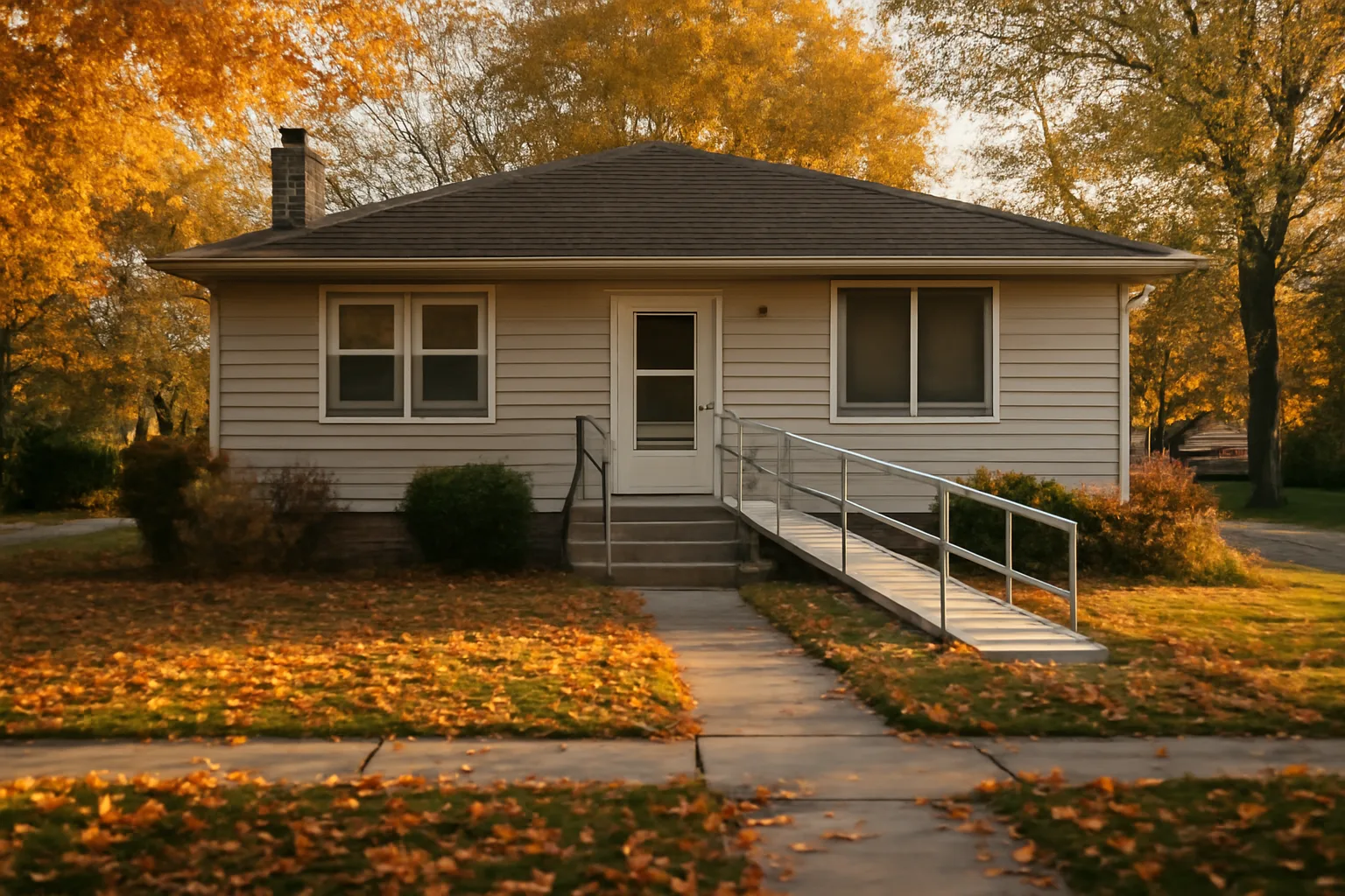 Ranch-style group home with wheelchair ramp on a residential Michigan street