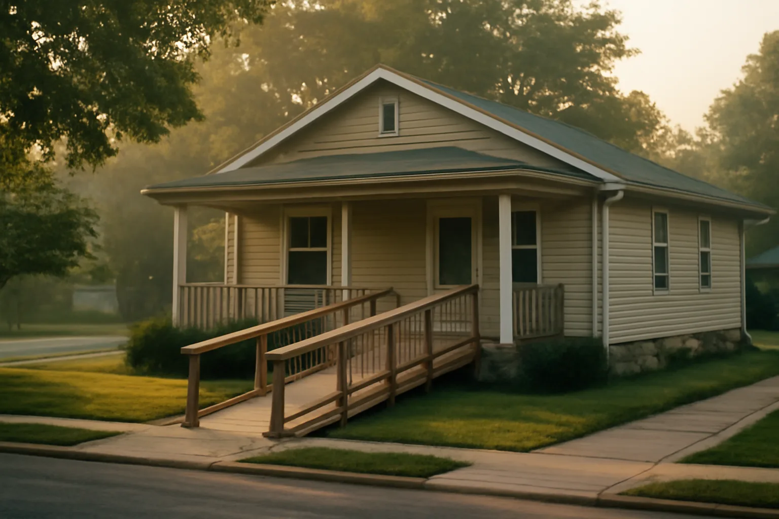 Single-story residential group home with wheelchair ramp on a quiet street