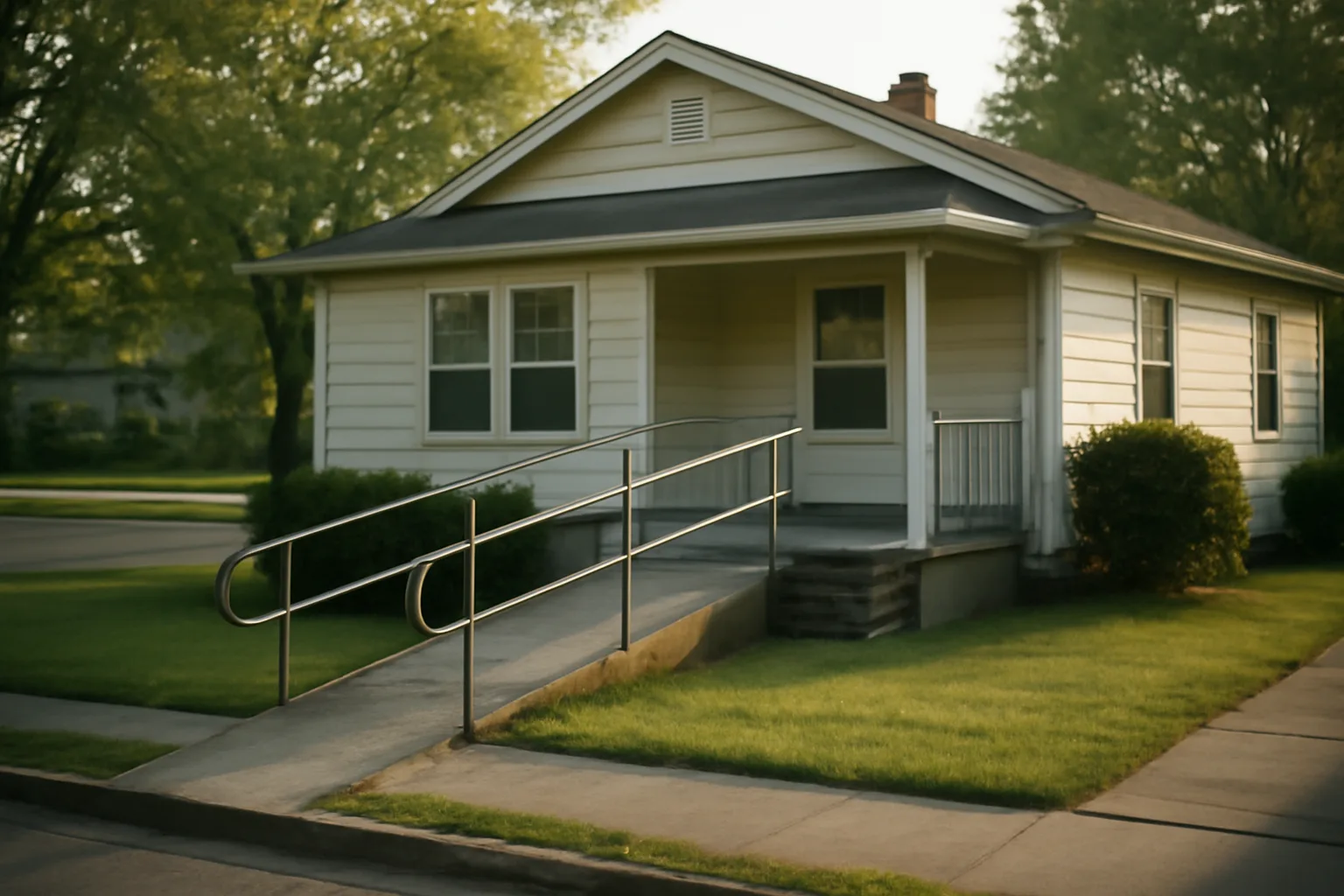Suburban house with wheelchair ramp representing group homes requirements for licensing