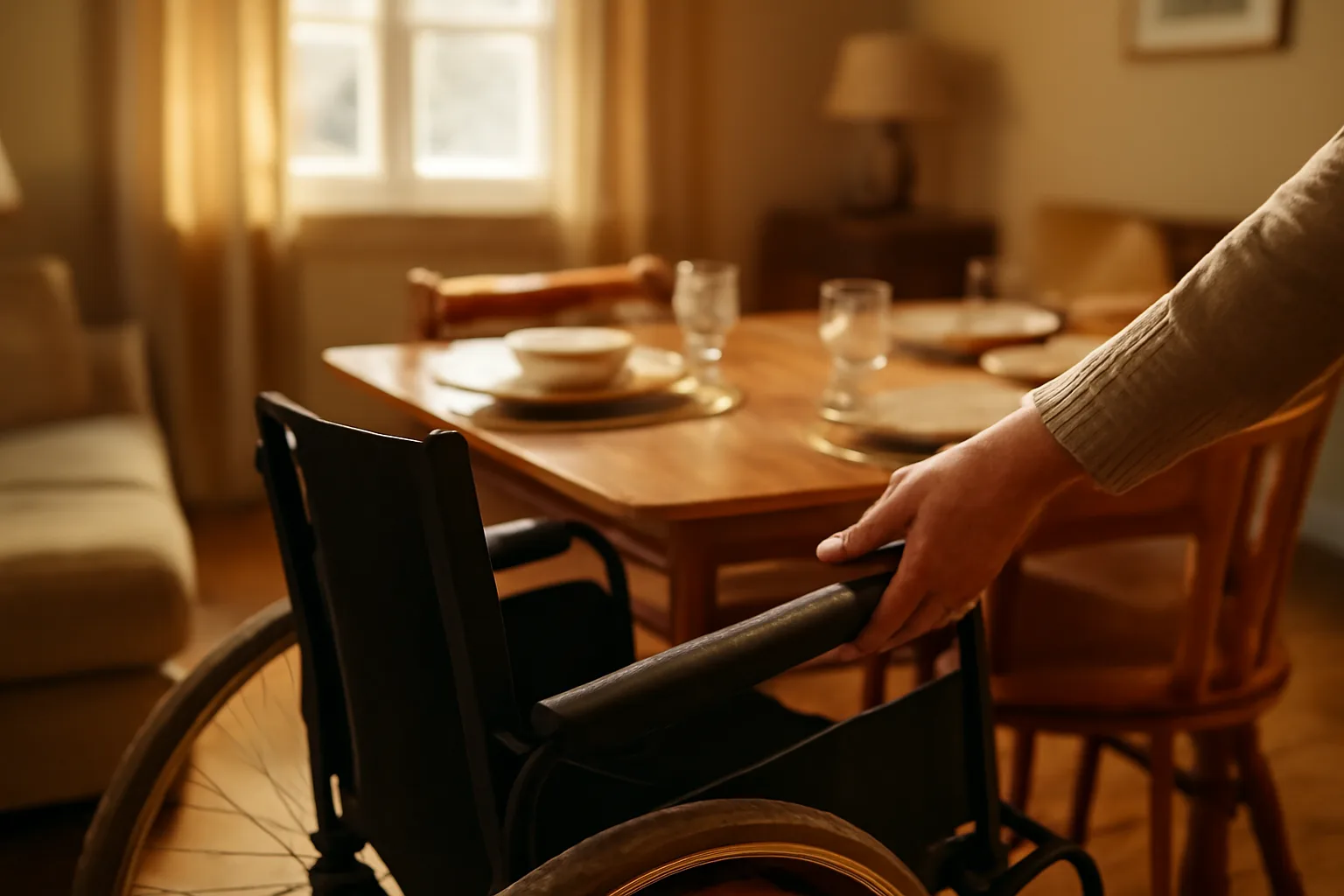 Caregiver assisting a resident in a home-like group home living room setting