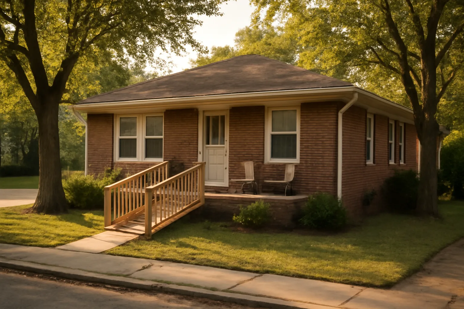 Residential brick group home with wheelchair ramp on a quiet Virginia street