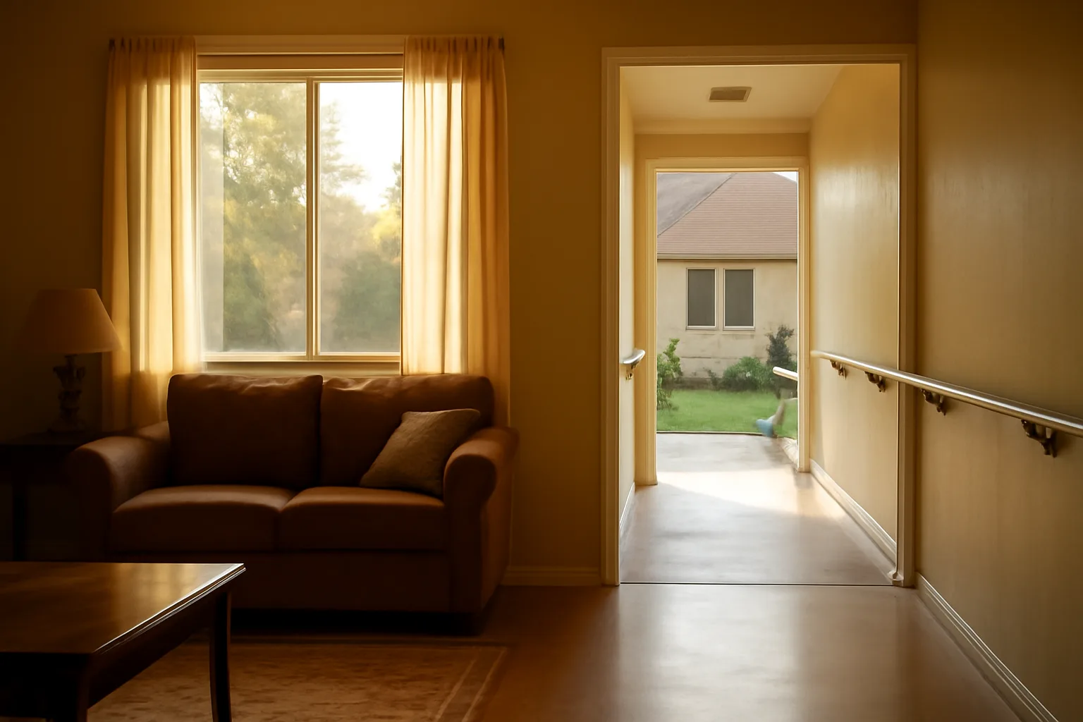 Quiet residential hallway with handrails in a Virginia group home setting