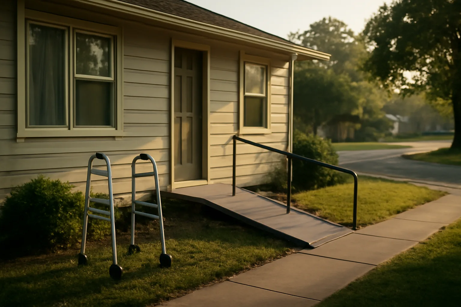 A converted residential house with a wheelchair ramp used for home assisted living