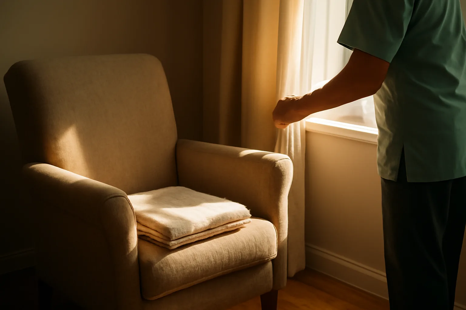 Sunlit living room in a small residential assisted living home with an empty armchair