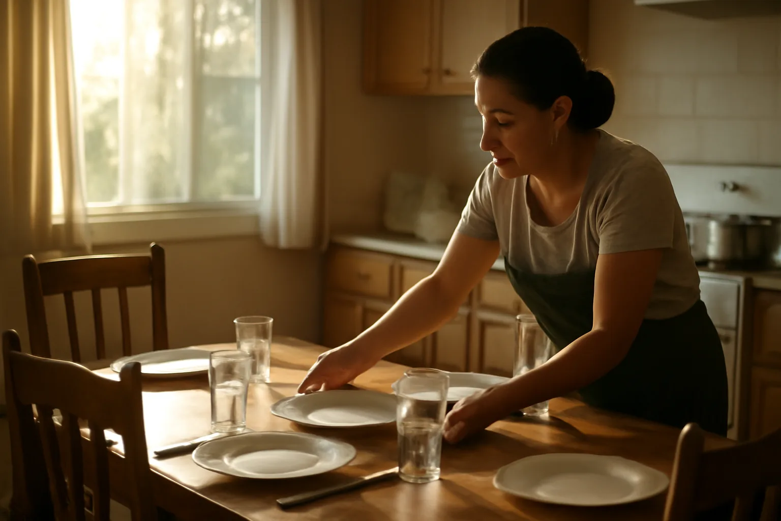 Caregiver setting a dinner table in a small licensed group home kitchen