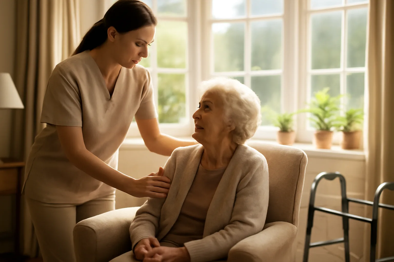 Caregiver assisting elderly woman in sunny assisted living room with walker nearby