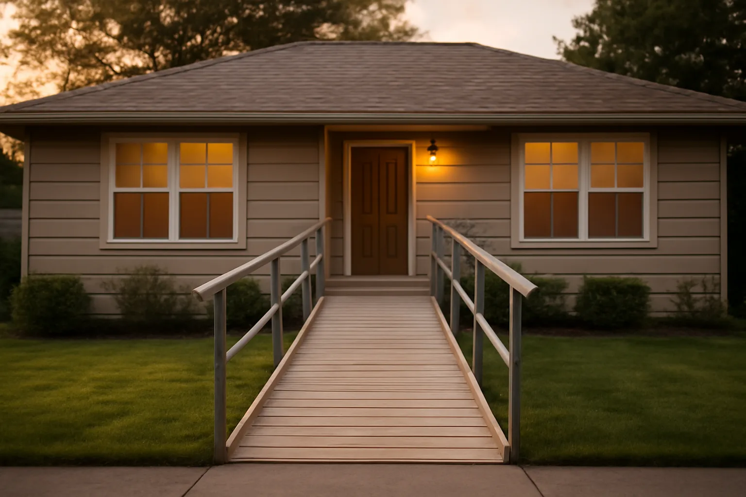 Single-story residential house with a wheelchair ramp, representing a licensed group home property