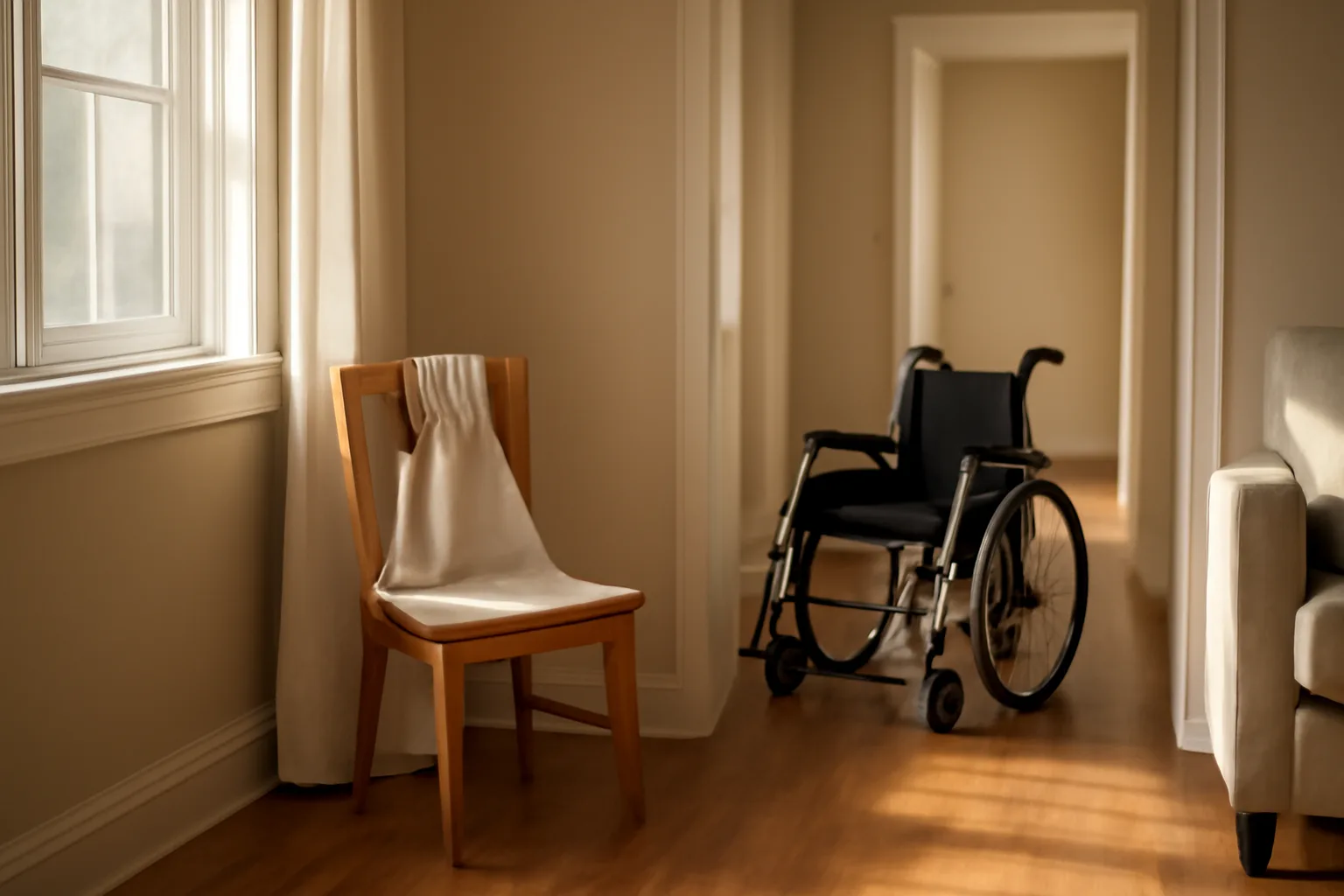 Empty accessible hallway and living room in a home being prepared for residential assisted living