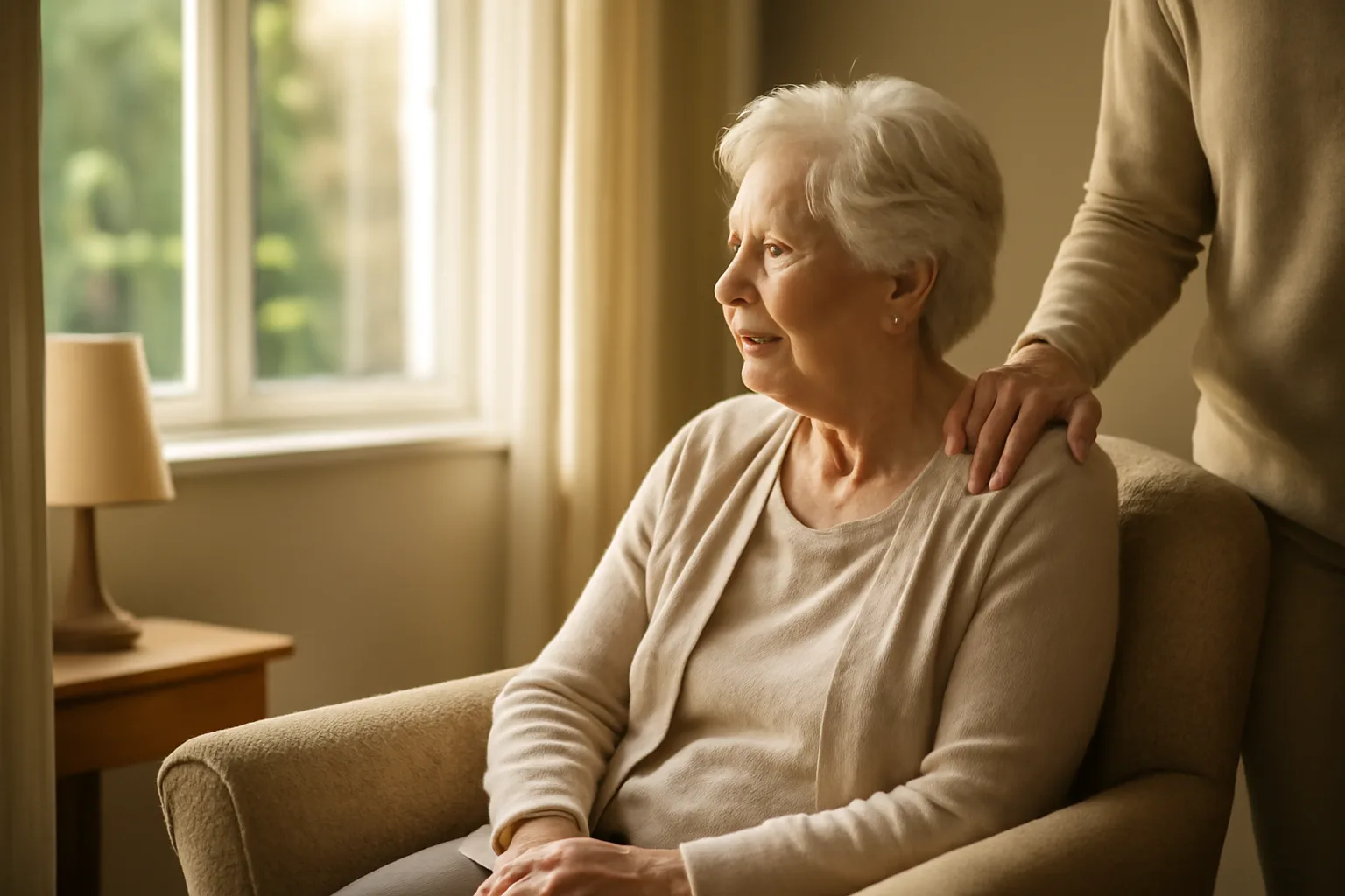 Caregiver and elderly resident in a sunlit adult foster care home living room