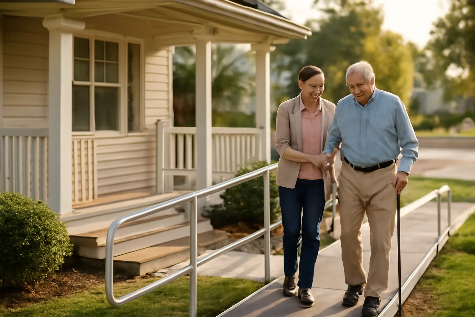 Caregiver assisting a resident down a ramp outside a licensed group home
