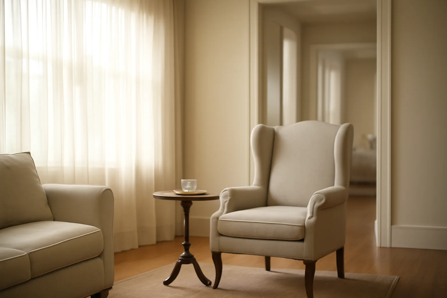 Sunlit residential living room representing a licensed assisted living facility interior