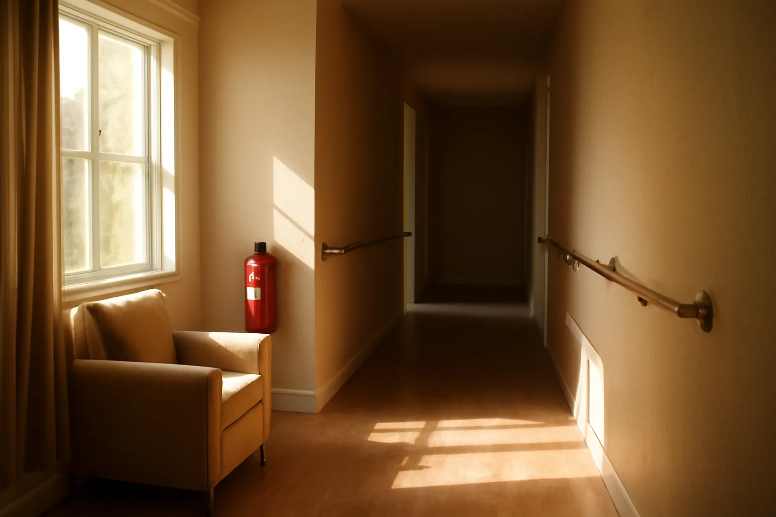 Hallway inside a licensed group home showing grab bars and fire safety equipment