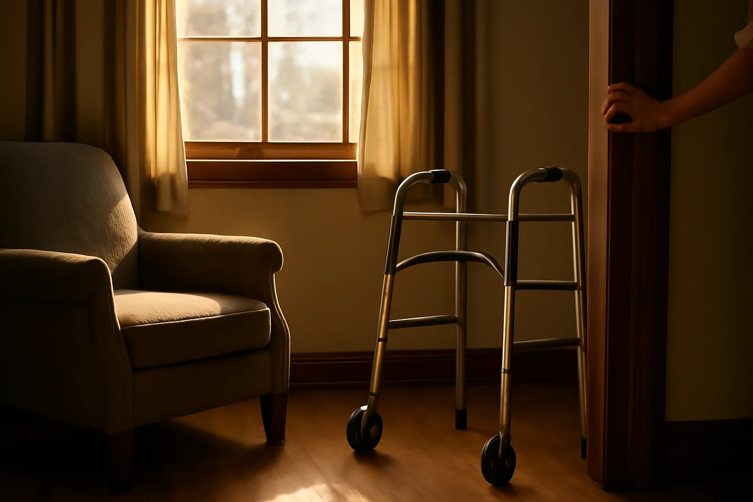 Sunlit living room in a small residential care home with an empty chair and walker