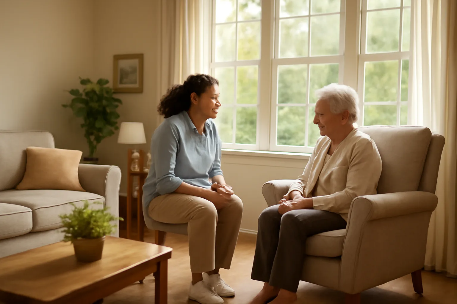 Caregiver and resident talking in a sunlit group home living room