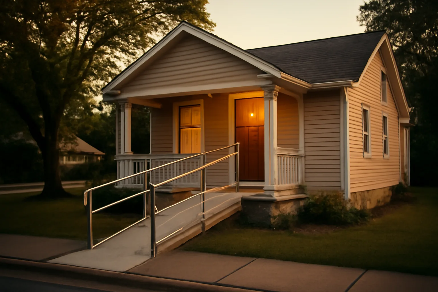 Renovated residential house with wheelchair ramp representing a group home startup property