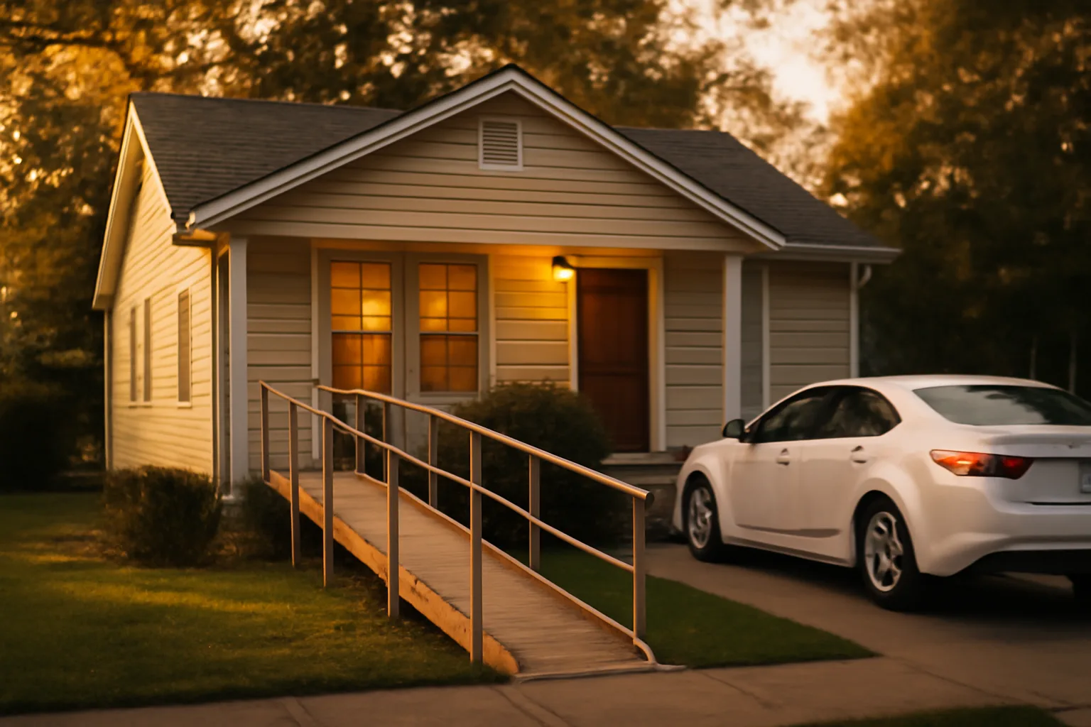 Residential group home exterior with wheelchair ramp at dusk, showing how to get a group home started