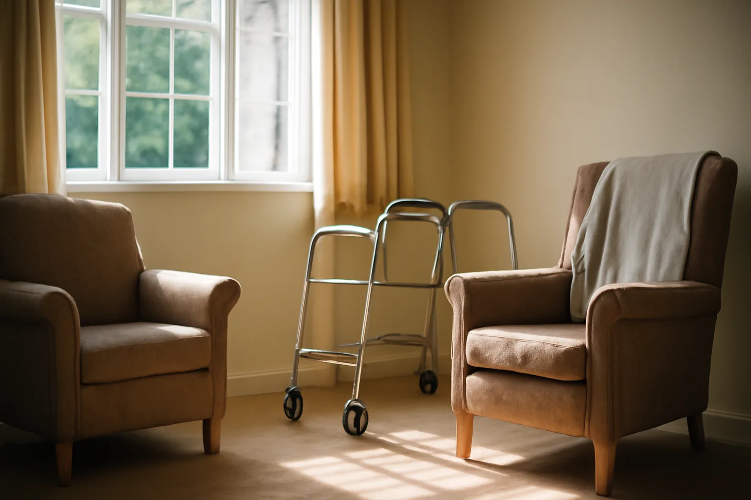 Sunlit living room in a licensed assisted living home with an empty walker by the wall