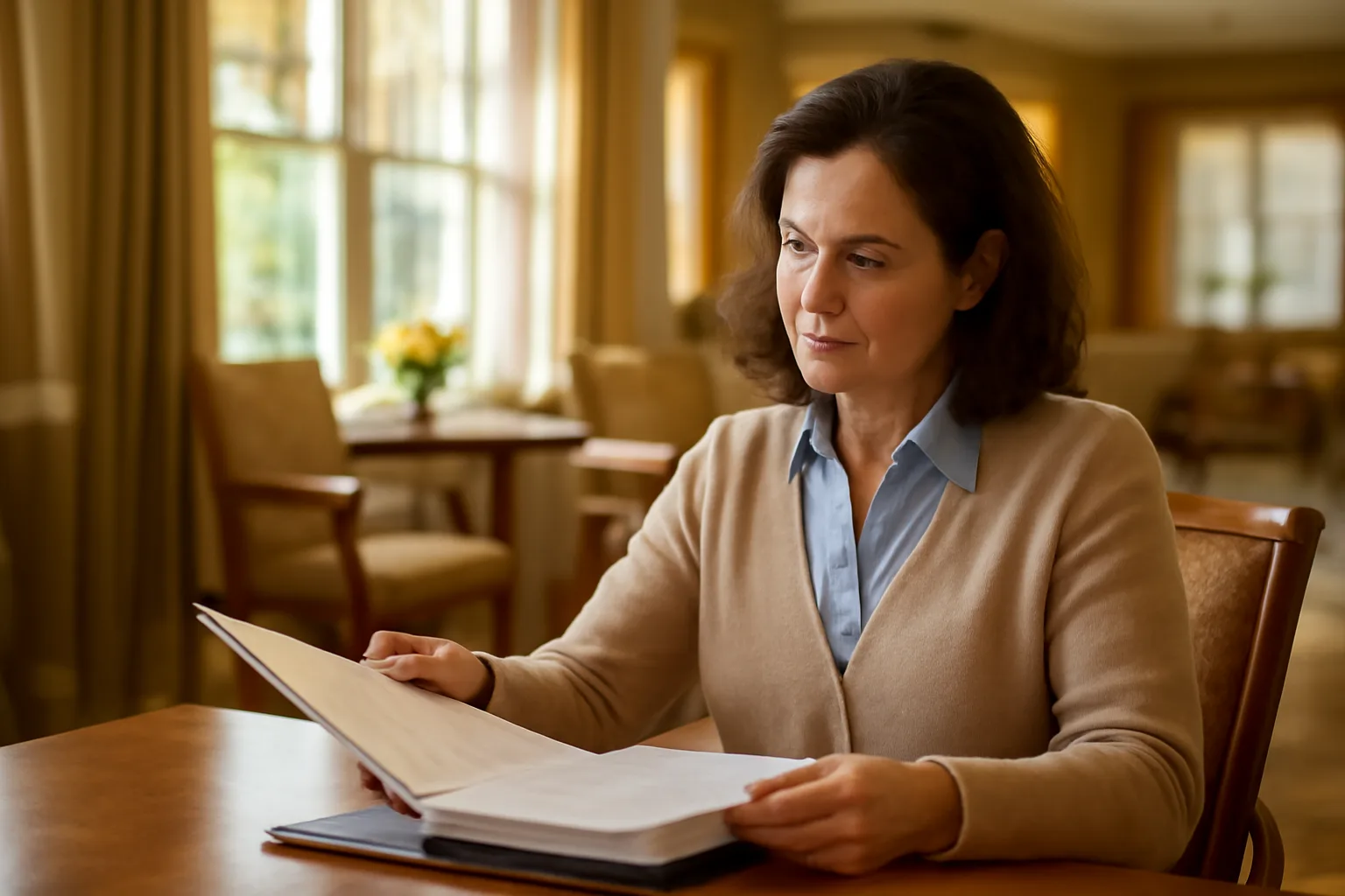 Administrator reviewing resident records inside an assisted living facility office
