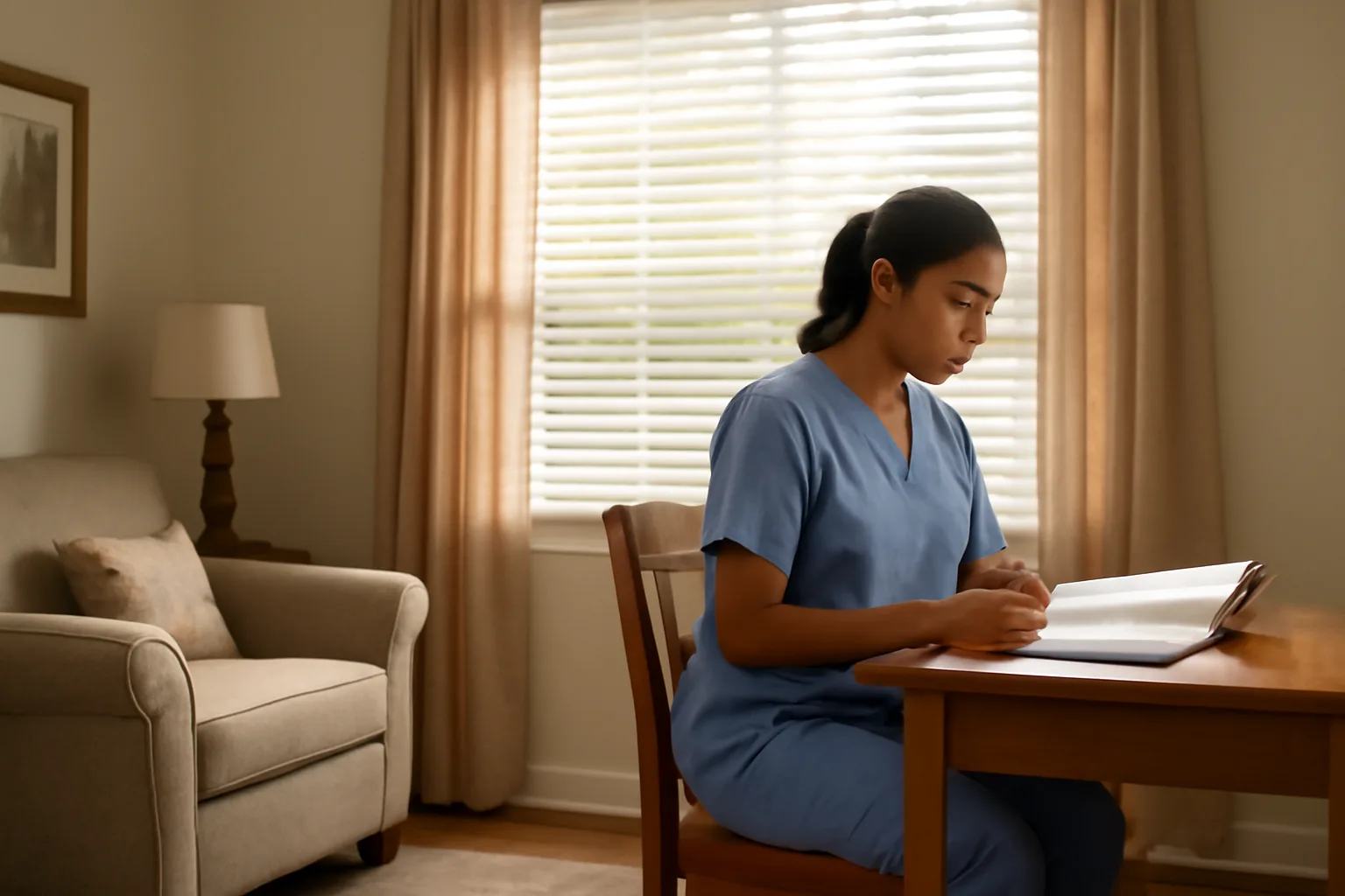 Caregiver at a desk in a Texas assisted living home living room