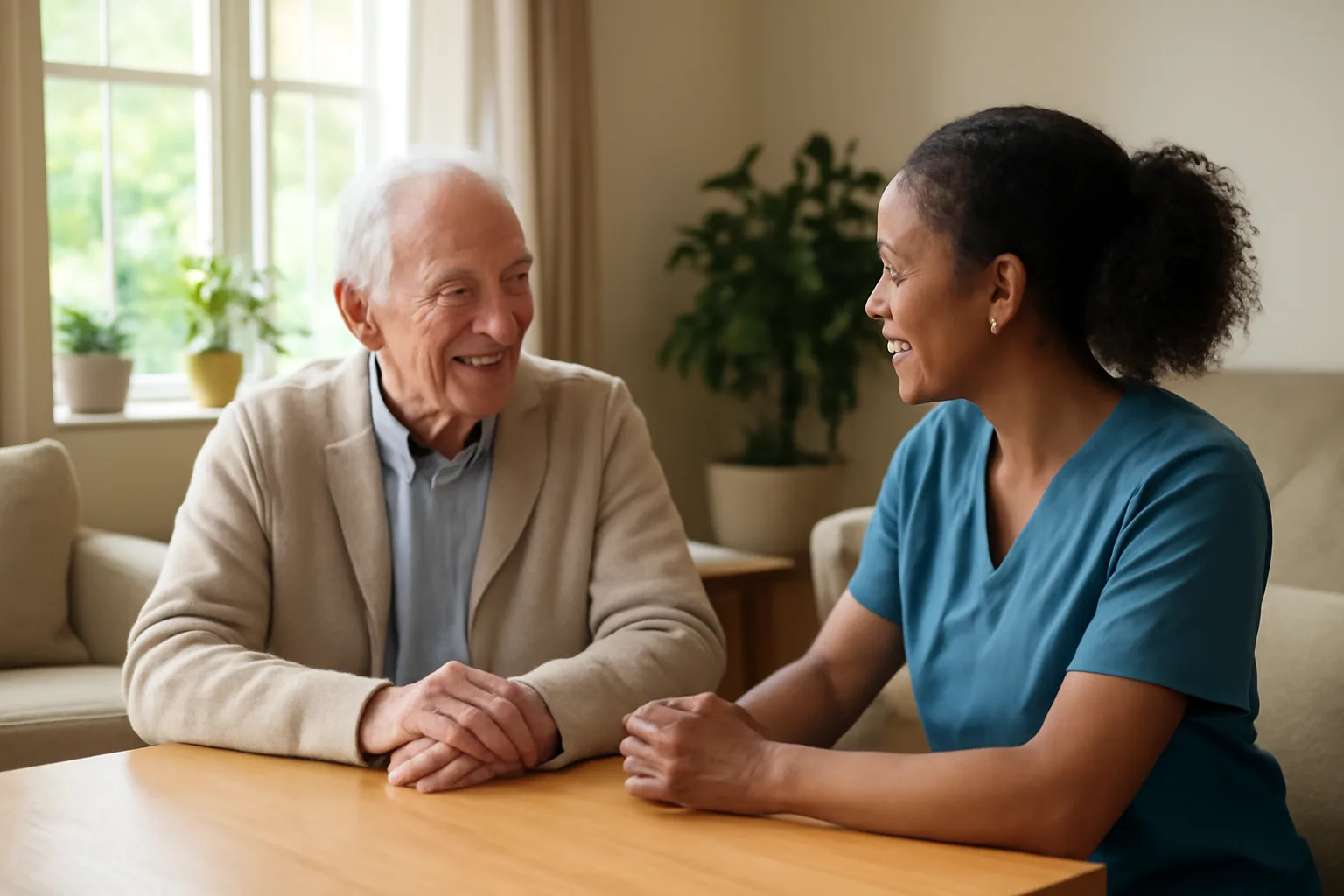 Caregiver and older resident sitting together in a sunlit assisted living common room