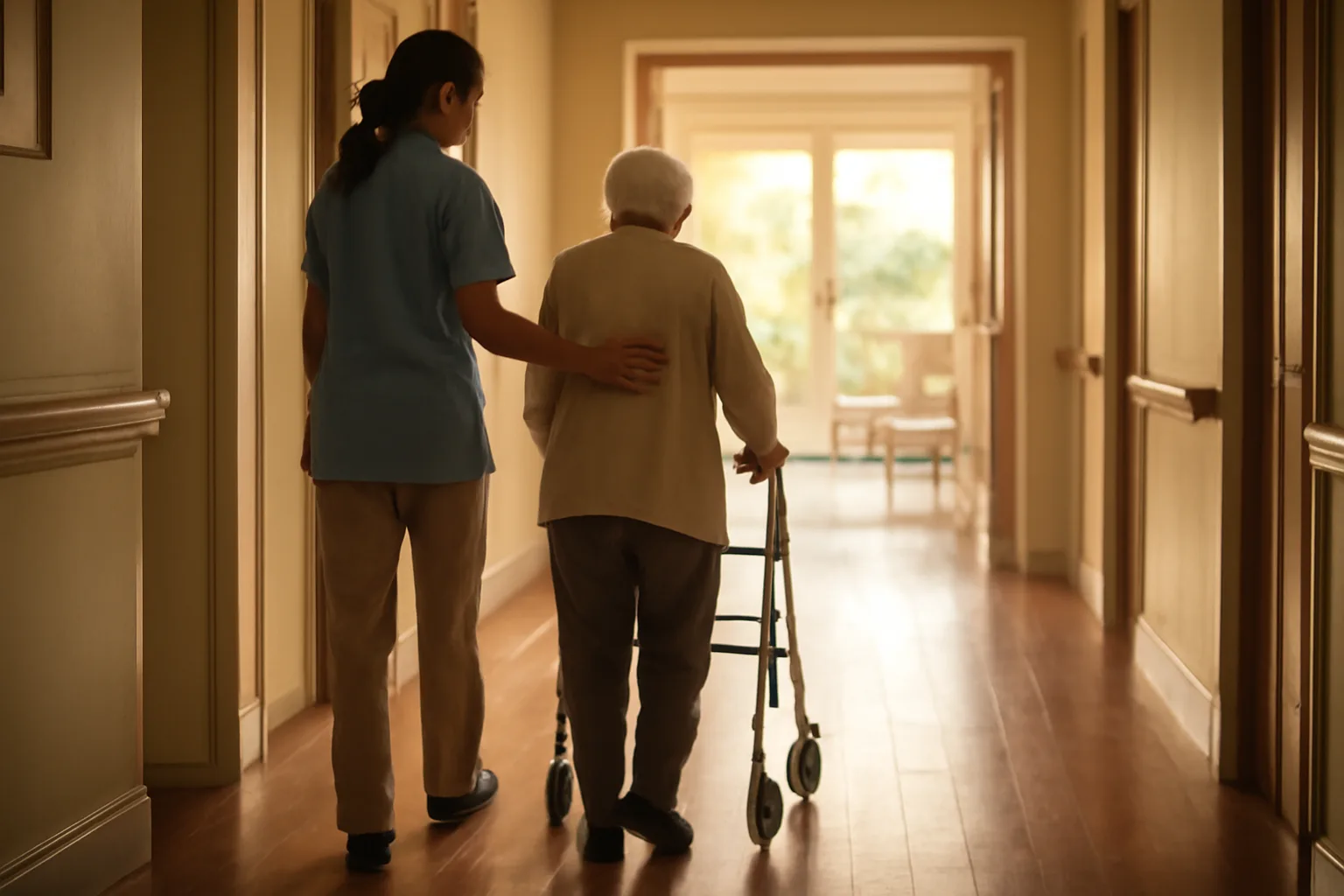 Caregiver assisting elderly resident down a hallway in a licensed assisted living home