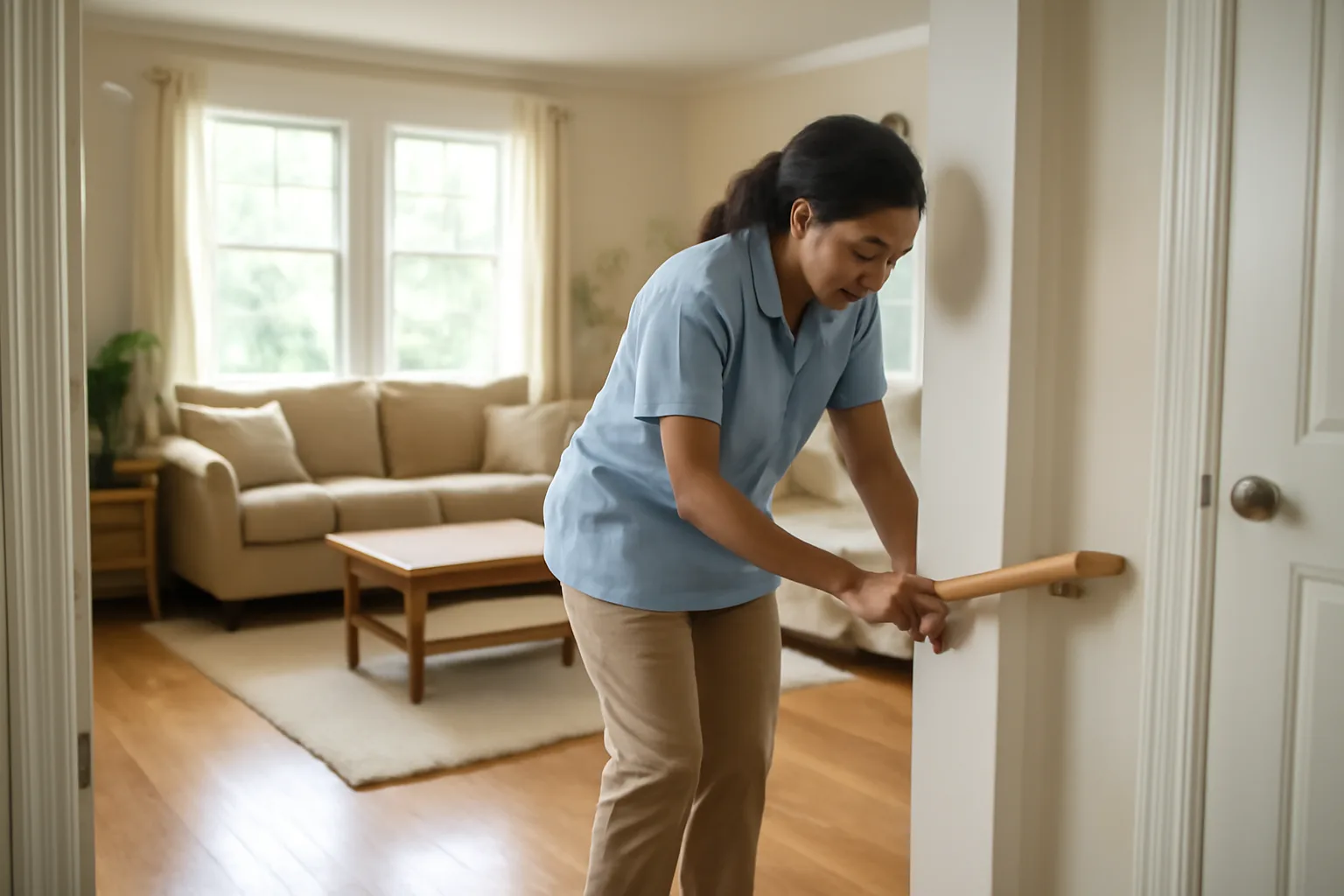Caregiver installing a handrail in a home being converted for assisted living licensing