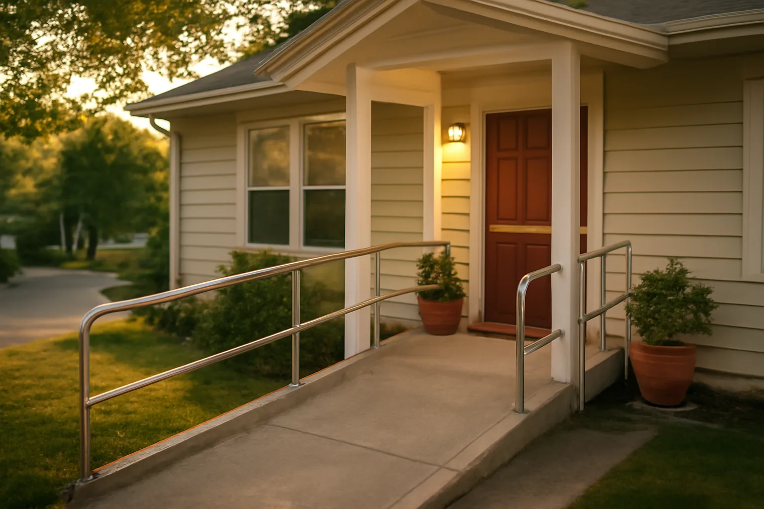 Exterior of a licensed residential care home with ramp entrance at dusk