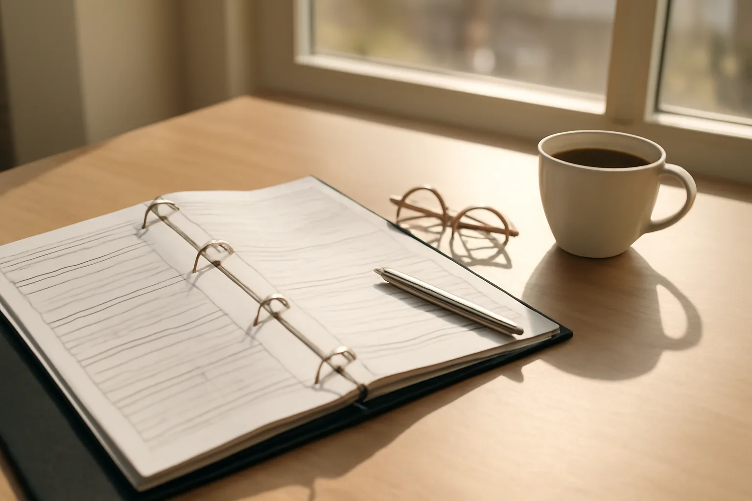 Desk with application binder and coffee representing assisted living administrator license paperwork