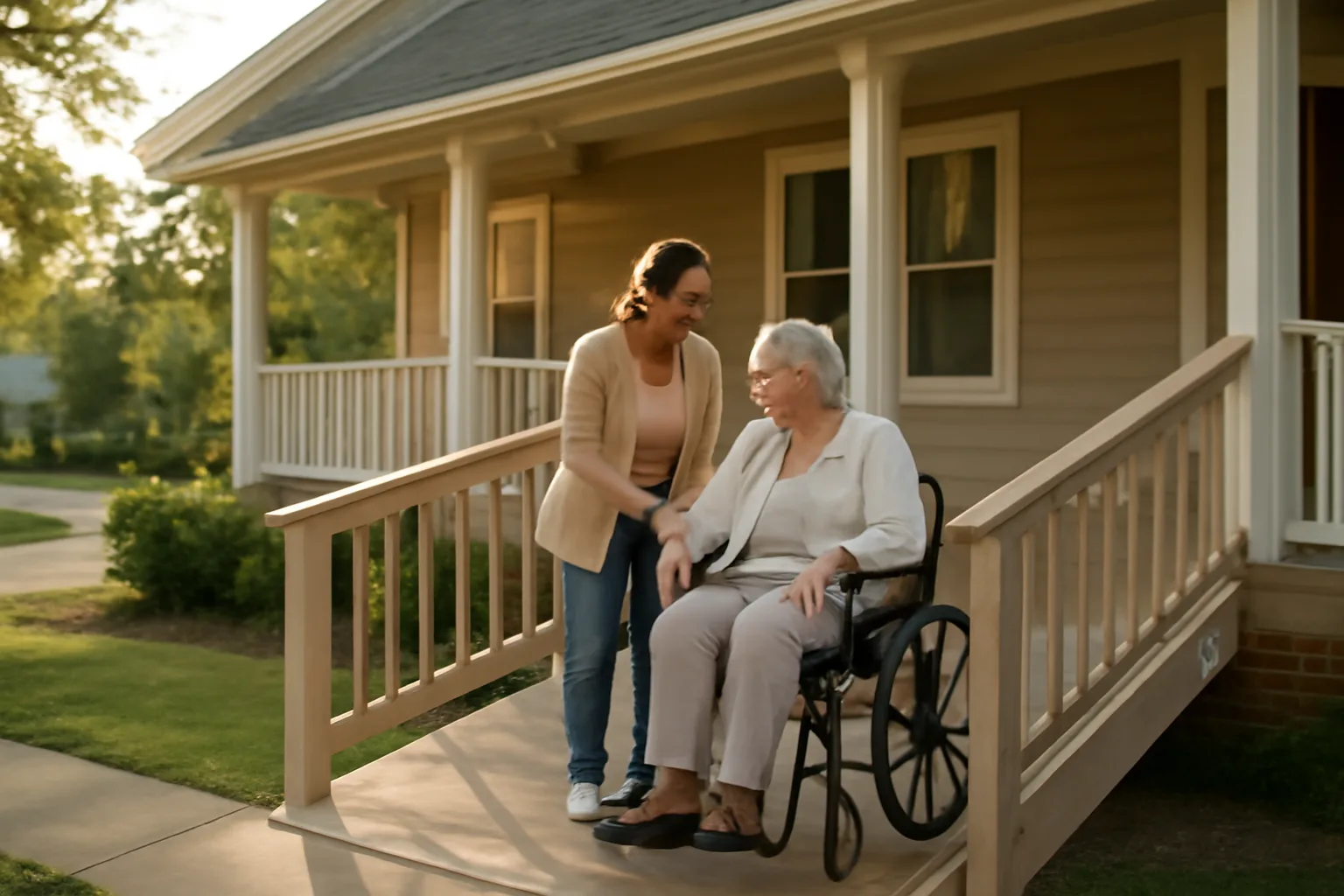Caregiver assisting an older adult down a ramp outside a converted assisted living home