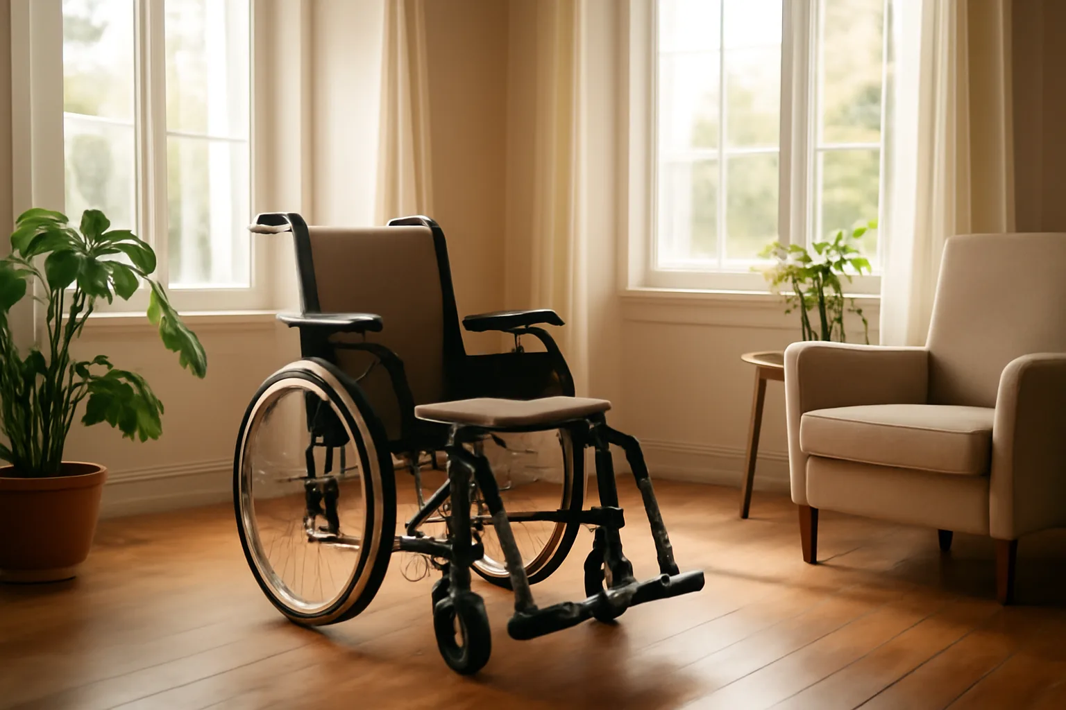 Sunlit residential living room set up for an assisted living home with accessible seating