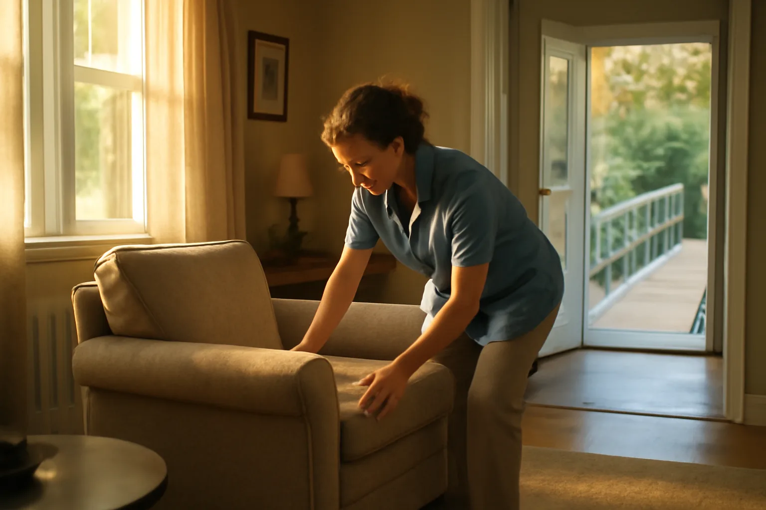 Caregiver preparing a sunlit living room in a licensed Florida group home