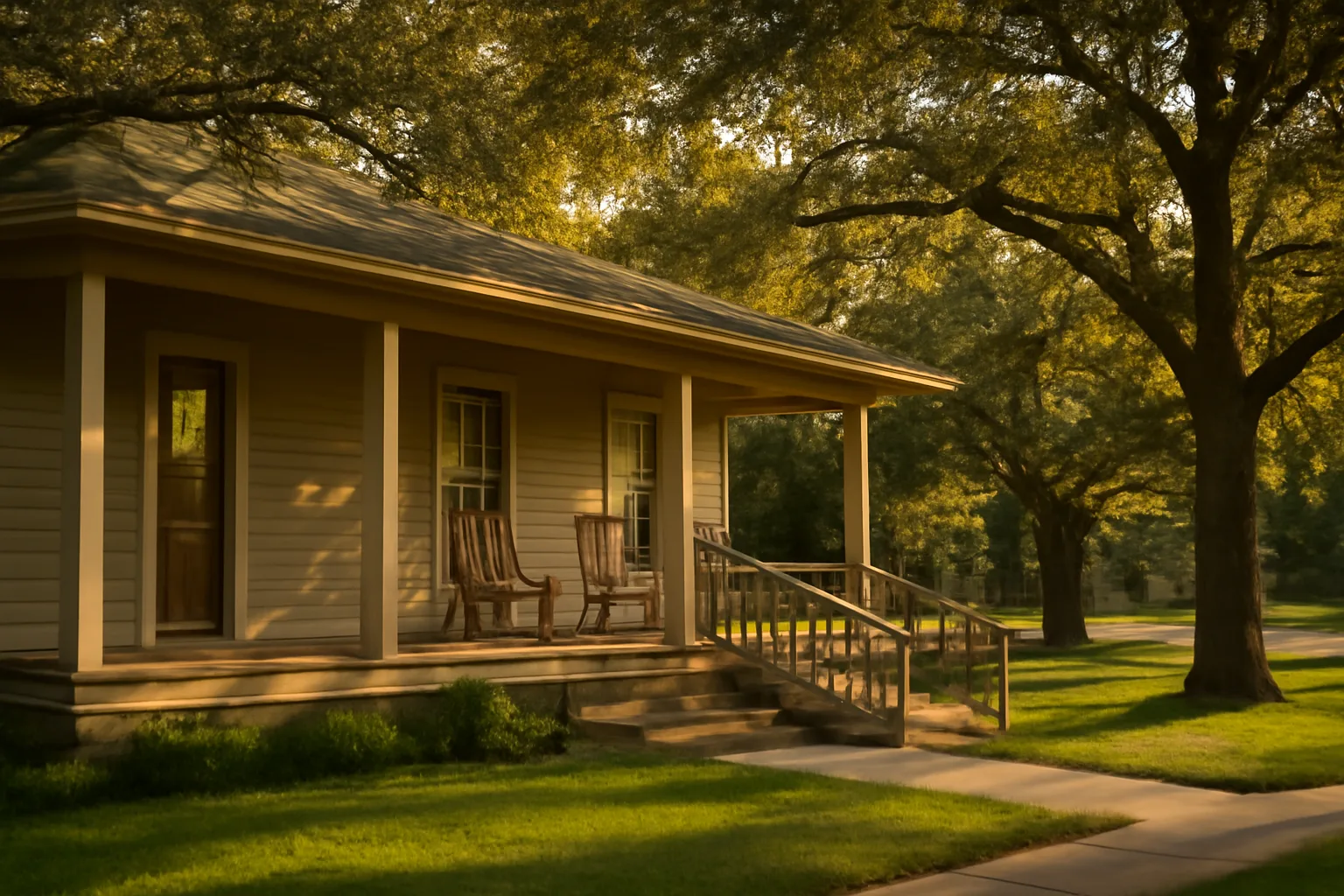 Accessible front porch of a Texas residential group home in a tree-lined neighborhood