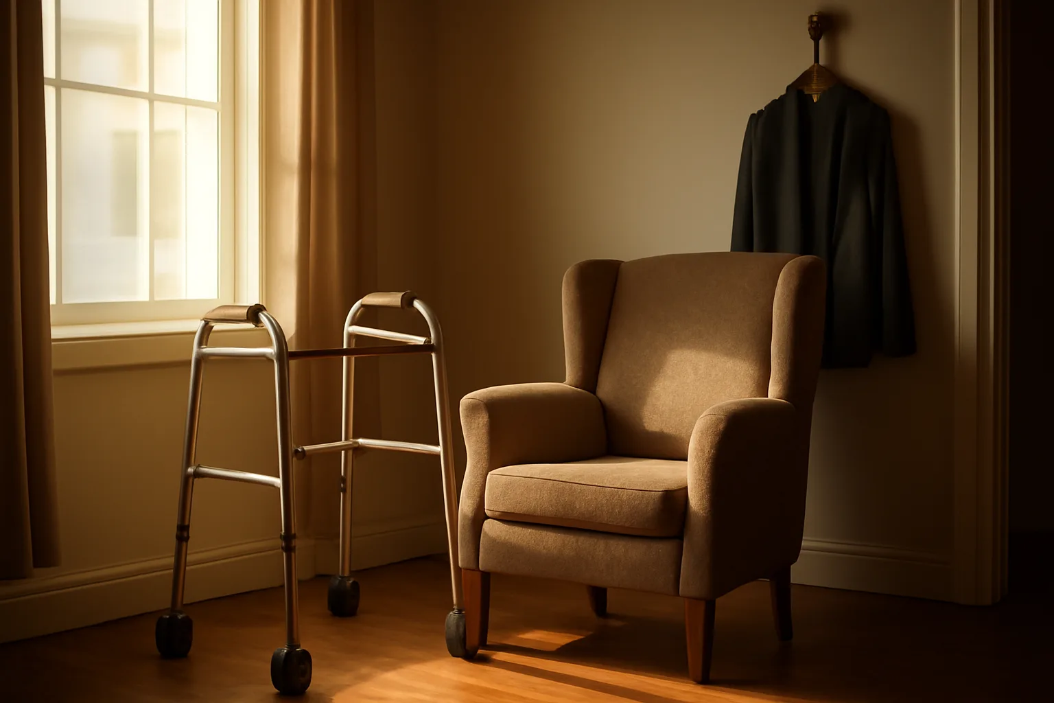 Sunlit living room in a residential assisted living home with an armchair and walker
