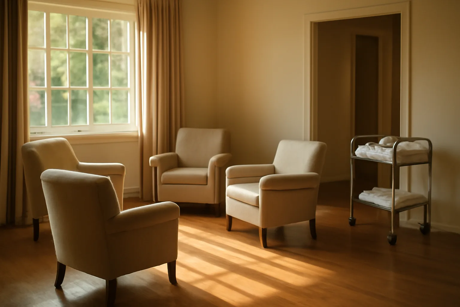 Sunlit living room in a residential care home set up for assisted living residents