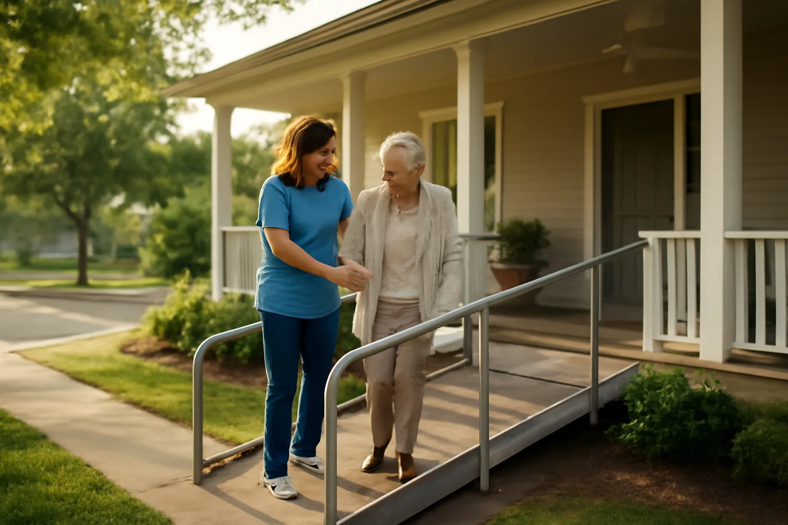 Caregiver assisting a senior resident down a ramp outside a residential assisted living home