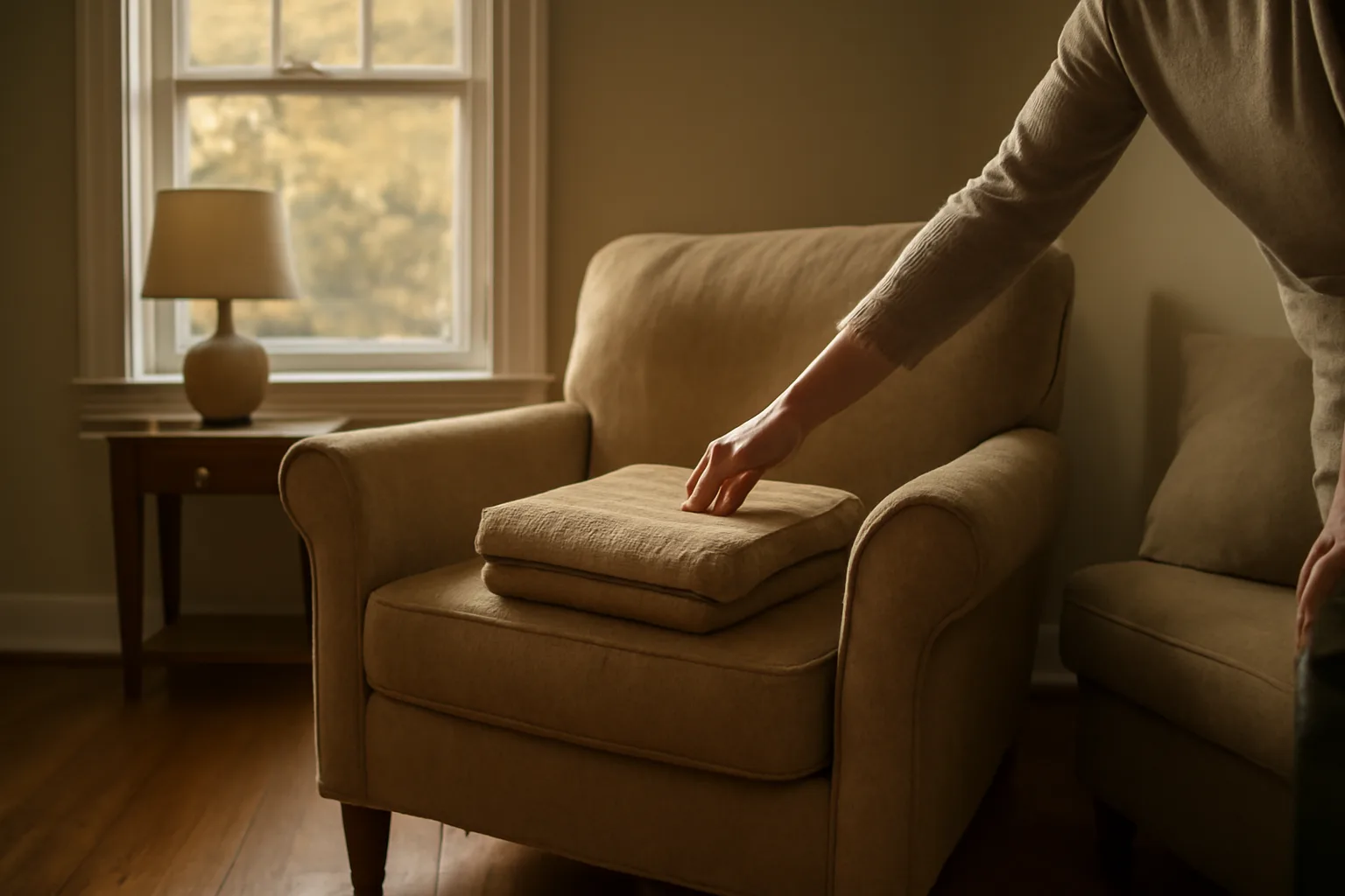 Sunlit living room interior of a licensed adult group home with an armchair and blanket