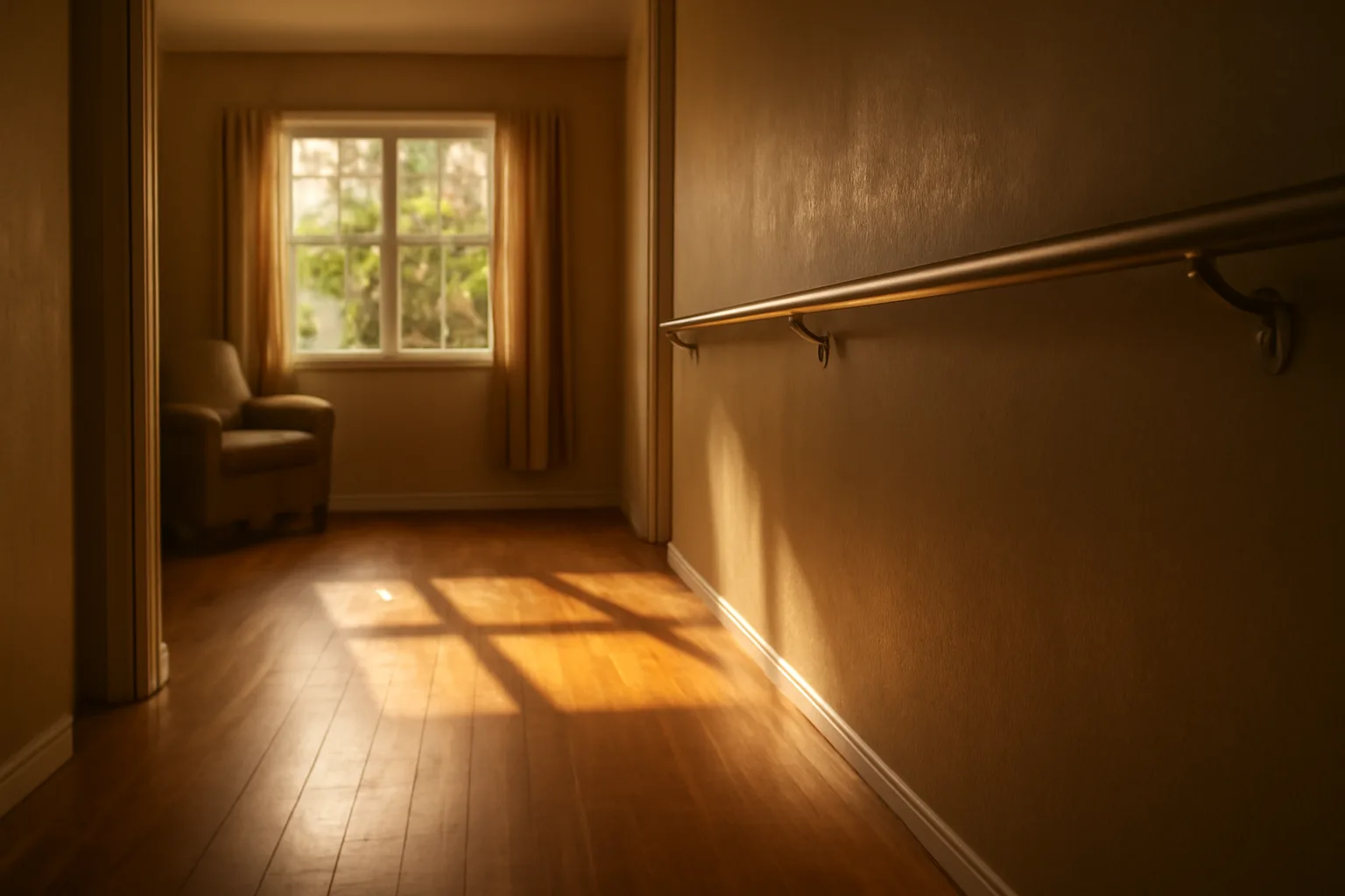 Empty accessible hallway with support rail in a residential group home setting