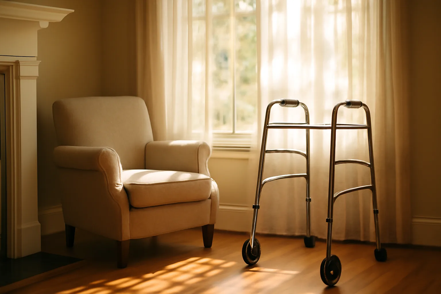 Sunlit living room in a residential home set up for elderly group home care
