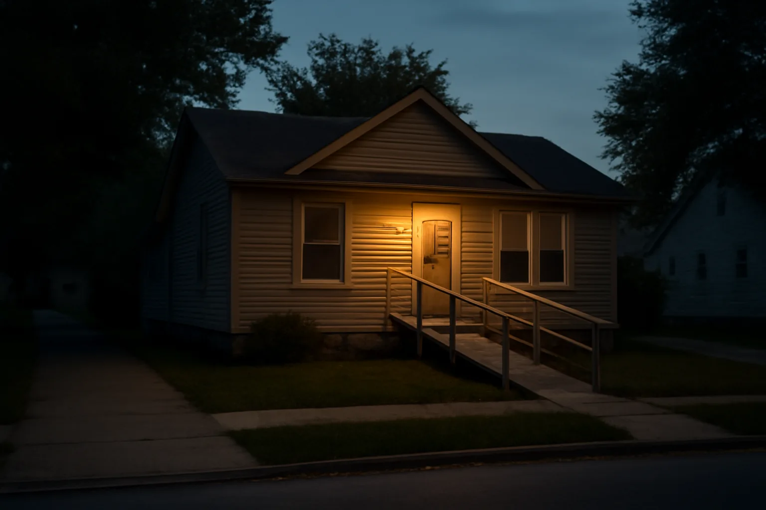 Suburban licensed group home exterior with porch light and accessibility ramp at dusk