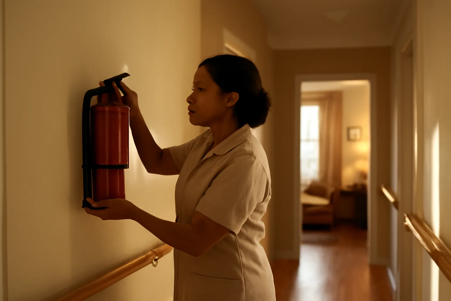 Caregiver checking hallway safety equipment inside a converted residential group home
