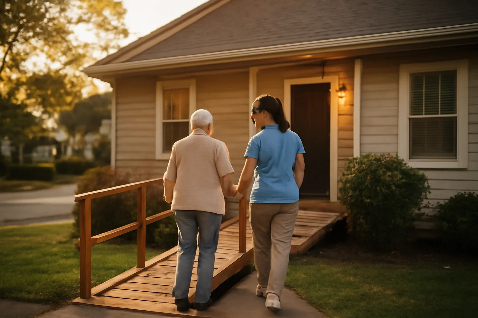 Caregiver and resident walking toward a group home entrance at dusk